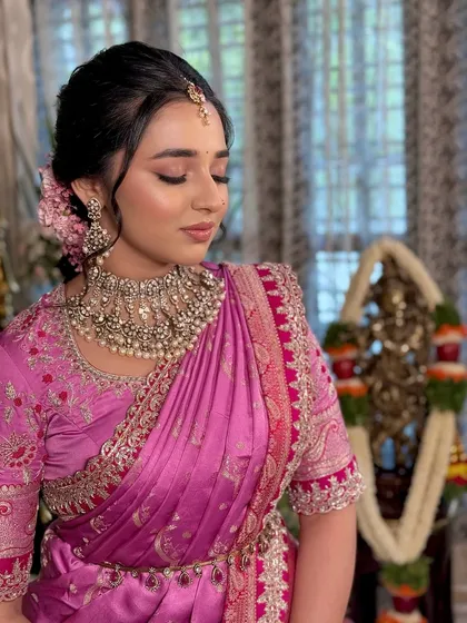 Another angle of the soft, glowing makeup, perfect for a daytime traditional ceremony.