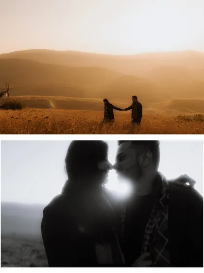 A creative diptych combining a wide shot of the couple in a golden field with an intimate, backlit close-up, telling a story of both epic and personal love.