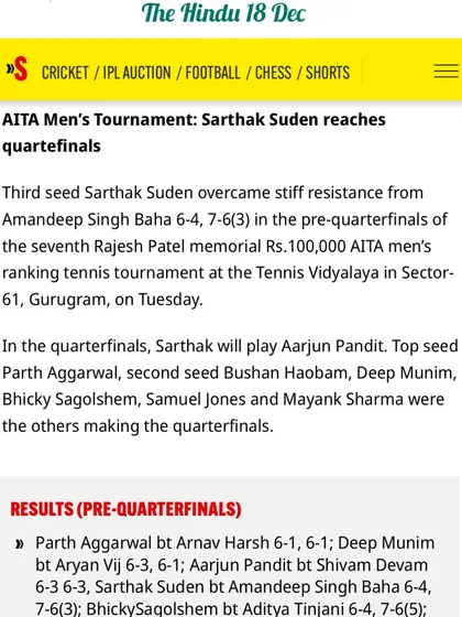 Media coverage from The Hindu of the pre-quarterfinals of the AITA Men's Tournament hosted by us.