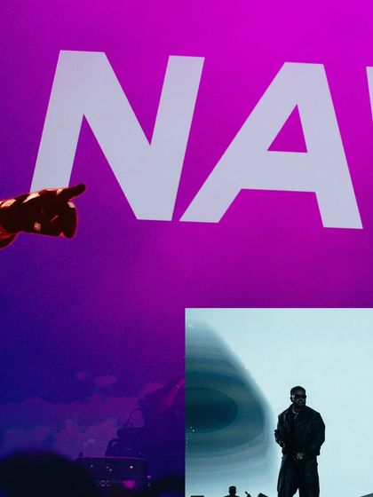 An artistic collage of NAV's set, featuring his name on the big screen and a shot of him performing below.