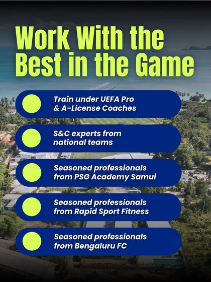 Work with the best in the game. This graphic for our Thailand camp highlights the elite coaching staff, including UEFA Pro licensed coaches and S&C experts from national teams and professional clubs like PSG Academy and Bengaluru FC.