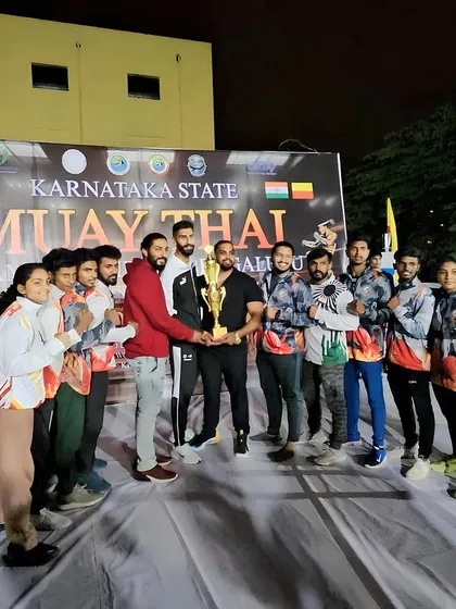 This is what dedication looks like. My team proudly holding the Karnataka State Muay Thai Champions trophy. We train to compete, and we train to win.