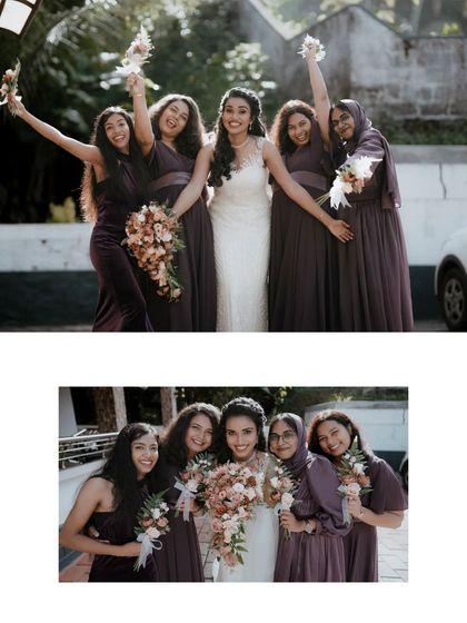 The bride and her bridesmaids celebrating together, their bouquets held high in a moment of shared joy.