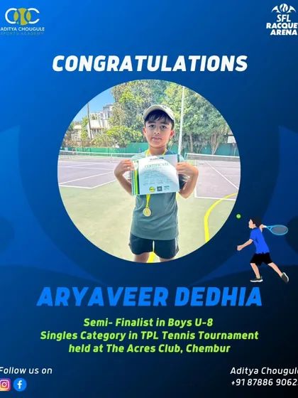 Congratulations to Aryaveer Dedhia, a semi-finalist in the Boys U-8 Singles category. We are proud to see our youngest athletes competing with such skill and heart.