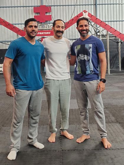The brothers of CF Action Design with Fahadh Faasil. My brother Chethan handles on-set action direction while I focus on preparing the actors at our facility, creating a seamless workflow from training to final shot.
