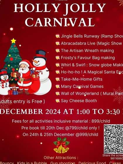 Our Holly Jolly Carnival poster, detailing all the fun-filled activities, from a magic show and snow globe making to a magical Santa encounter. Pre-booking details are included.