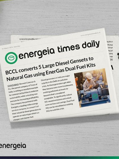 This shows my partnership with Bennett Coleman & Co. Ltd. (The Times of India) to upgrade 9.5 megawatts of their diesel gensets. This conversion to a natural gas hybrid system helps them comply with CAQM guidelines, reduce air pollution, and save on operational expenses.