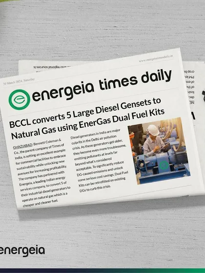 This shows my partnership with Bennett Coleman & Co. Ltd. (The Times of India) to upgrade 9.5 megawatts of their diesel gensets. This conversion to a natural gas hybrid system helps them comply with CAQM guidelines, reduce air pollution, and save on operational expenses.