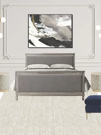 This mood board for a Neoclassical bedroom uses a calm, neutral color palette. The design centers around a stately grey bed, set against an ornate paneled wall with abstract art, creating a look of timeless elegance.