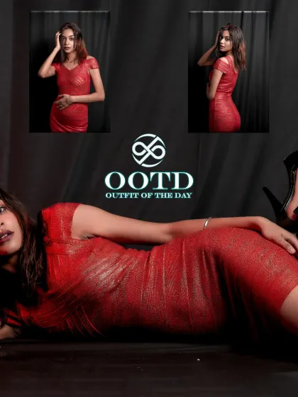 A bold and provocative collage. The reclining pose showcases the full length of the dress and the model's confidence, creating a high-impact fashion statement.