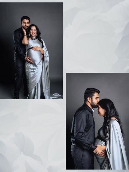 A duplicate of image 54, a collage of a couple's studio maternity shoot.
