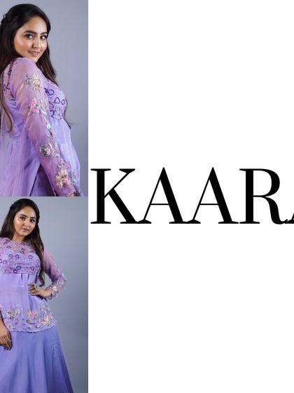 A signature Kaara design. This collage showcases our popular purple lehenga with a sheer, long-sleeved embroidered top, embodying our modern-ethnic style.