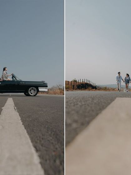 A creative perspective shot on an empty road in Goa, leading the eye towards the couple and their journey ahead.