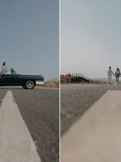 A creative perspective shot on an empty road in Goa, leading the eye towards the couple and their journey ahead.