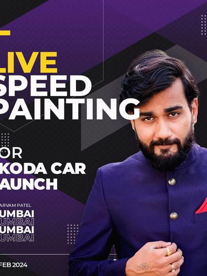 Announcement for a live speed painting performance for a Skoda car launch in Mumbai.