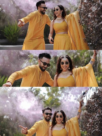 A collage of the couple dancing and celebrating with color smoke, showcasing the high-energy and fun atmosphere of their Haldi party.