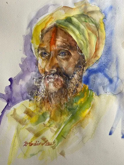 A watercolor portrait of a sadhu, done as a practice work. Even on basic paper, the goal is to capture a sense of self-realization and inner peace.