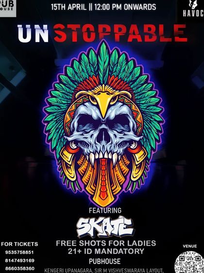 "Unstoppable" event poster for a party at Pub House, with free shots for ladies.