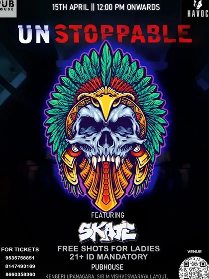 "Unstoppable" event poster for a party at Pub House, with free shots for ladies.