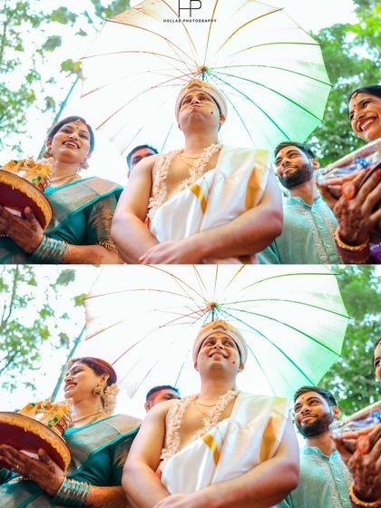 A candid, low-angle shot of the groom, Rakshith, during the Kashi Yatra ritual. The focus is on his expression, surrounded by his family, capturing the blend of tradition and personal emotion.