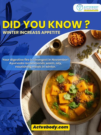 Why Your Appetite Increases in Winter. If you feel hungrier in winter, you're not alone. Your digestive fire (Agni) is naturally stronger. Ayurveda recommends listening to this cue and fueling your body with warm, oily, and nourishing meals to stay balanced and energized.