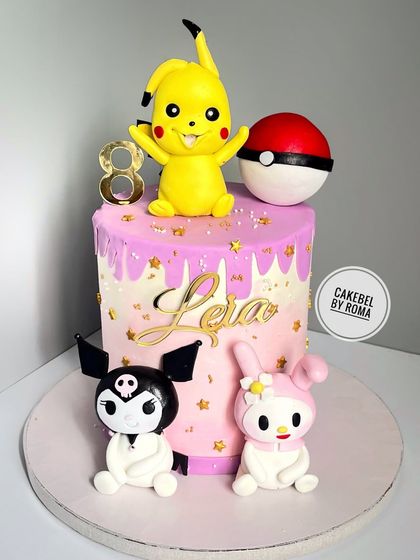 When one favorite isn't enough, we combine them. This cake for Leia brings together the worlds of Pokémon, Kuromi, and My Melody with adorable, handcrafted fondant figures of Pikachu and friends.