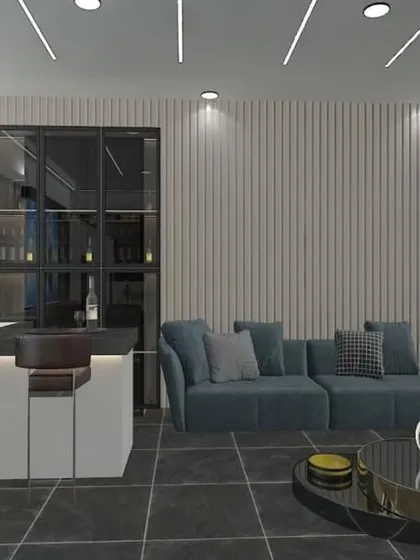 Proposed design for a modern living room and bar inside a terrace structure, featuring a sleek L-shaped sofa and dark tiled flooring.