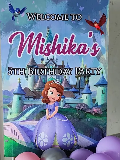 The welcome sign for a Sofia the First 5th birthday party, featuring the princess and her castle.