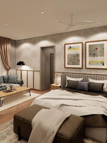 This bedroom concept uses muted tones and natural textures like wicker to create a calm and restful space. The low-profile bed and integrated side tables enhance the room's modern, uncluttered feel.