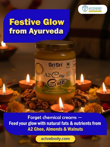 Get your festive glow from Ayurveda, not from chemical creams. This image, featuring A2 Ghee amidst diyas, explains that feeding your skin with natural fats from ghee, almonds, and walnuts brings out your natural radiance.