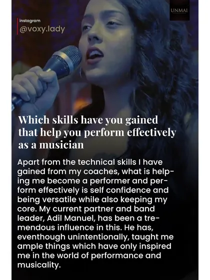Discussing the skills that help me perform effectively, giving a shoutout to my band leader for his mentorship.