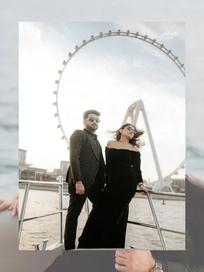 A stylish pre-wedding shot on a yacht with the Dubai Eye in the background. This is the epitome of a luxury destination shoot. We combine iconic landmarks with glamorous styling to create truly aspirational images.