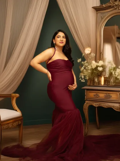 Step into a classic, elegant setting. My studio offers various backdrops, like this vintage-inspired setup, to create sophisticated and timeless maternity portraits that feel like a work of art.