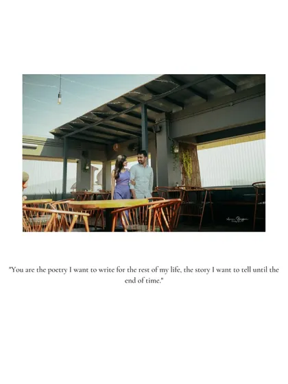 A wide shot capturing the relaxed and happy atmosphere of a rooftop cafe pre-wedding shoot. It's a snapshot of a perfect date.