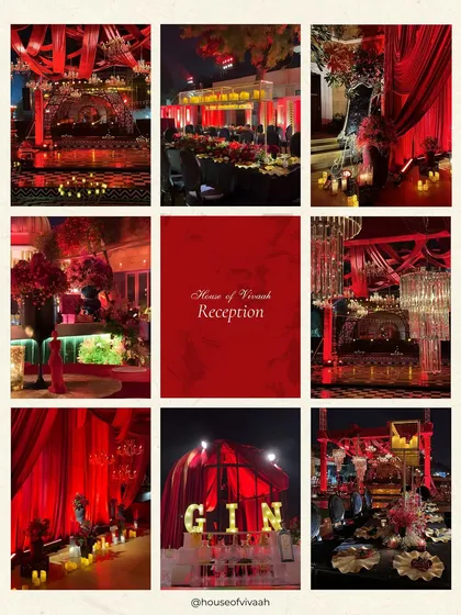 A moodboard for a glamorous reception, defined by a bold red color palette, dramatic draping, crystal chandeliers, and a statement "GIN" bar sign.
