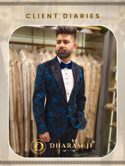 This client is rocking a bold blue and black floral brocade tuxedo jacket with a blue bow tie. A great look for a cocktail party.