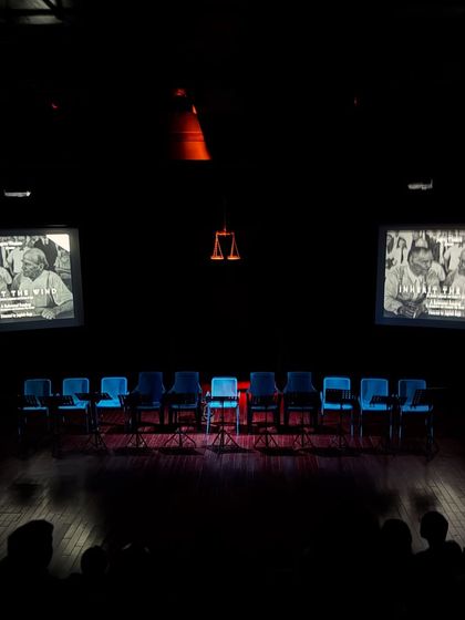 The stage is set for "Inherit the Wind," a courtroom drama about the historic Scopes "Monkey Trial." Our minimalist staging puts the focus on the powerful dialogue and performances.
