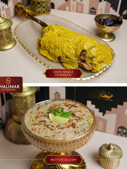 A look at two signature dishes from our Premium Iftar Box. The grand Shahi Bawda Peshawari leg piece and a bowl of rich, traditional Mutton Haleem.