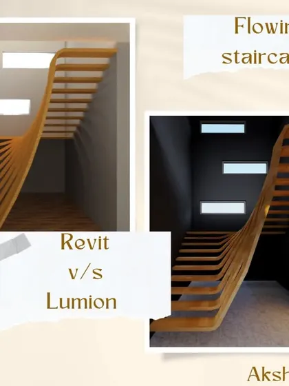 This image shows the difference between a basic model and a final render. On the left is a 'Flowing Staircase' designed in Revit, and on the right is the same model brought to life with realistic lighting and materials in Lumion. My courses cover this entire workflow.