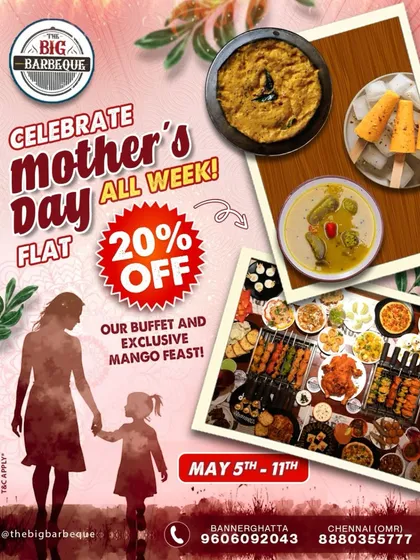 Celebrate Mother's Day all week with a flat 20% off our buffet and our exclusive Mango Feast. It's the perfect way to show your appreciation.
