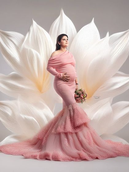 A powerful and artistic shot featuring a pink mermaid gown with a dramatic ruffled train. The giant white flower prop in the background adds a touch of surreal beauty to this maternity portrait.