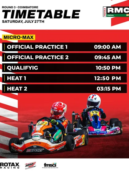 The Saturday schedule for the Micro Max class at Round 3 in Coimbatore.