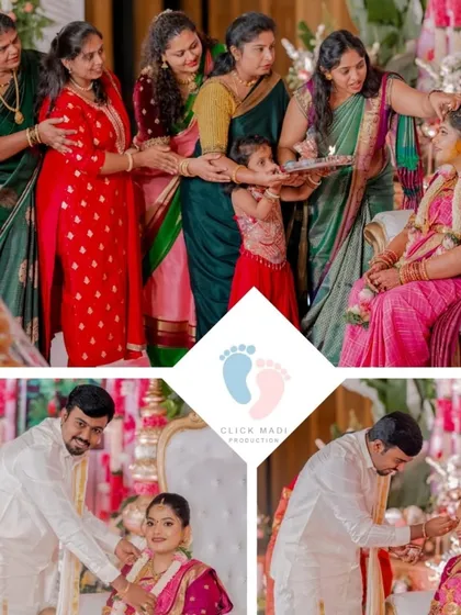 This collage highlights the importance of family and tradition in a Seemantha ceremony. It shows the beautiful rituals of blessing the mother-to-be, capturing the involvement of loved ones in this significant milestone.