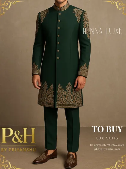 A truly regal Indo-Western suit in deep green, featuring heavy golden hand-embroidery on the collar, shoulders, cuffs, and hem. This is a statement piece for a grand Sangeet or engagement ceremony.