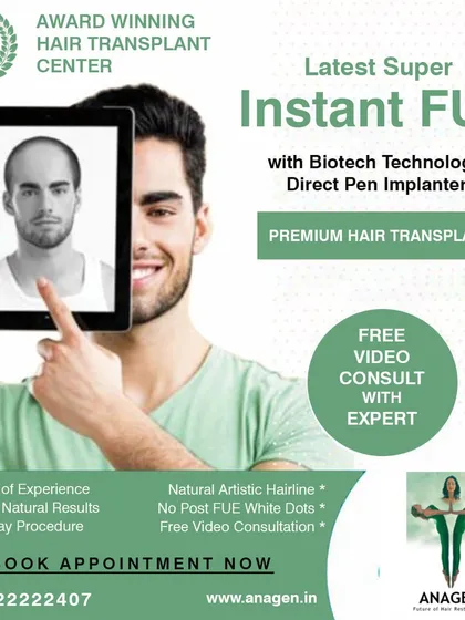 We offer the latest Super Instant FUE with Biotech Technology and Direct Pen Implanters. This premium hair transplant ensures a natural, artistic hairline and dense results.