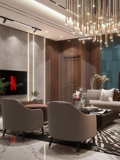 Another view of the private family sitting space, showcasing the interplay of light and texture. Vertical light strips embedded in the concrete-finish wall create a modern, graphic effect, while a life-sized Batman figure adds a unique, personal touch for the client.