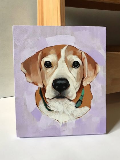 The finished acrylic painting of Bruno, viewed straight on. The simple composition and soft background keep the focus entirely on his gentle and inquisitive expression.
