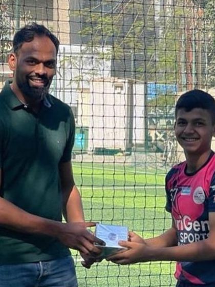 A moment between Coach Kunal Sawant and one of our young players. We believe in building strong, positive relationships between our coaches and players to foster a supportive learning environment.