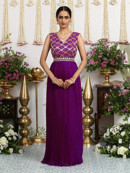 The full view of the purple gown, a perfect choice for an evening event where you want to look both elegant and unique.