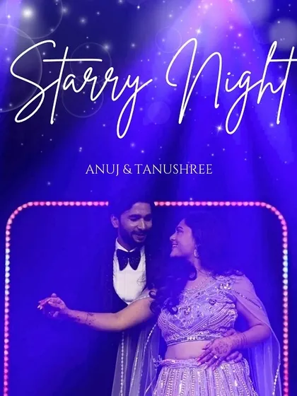 A starry night theme for a sangeet celebration. The couple dances under a spotlight, creating a romantic and magical atmosphere.